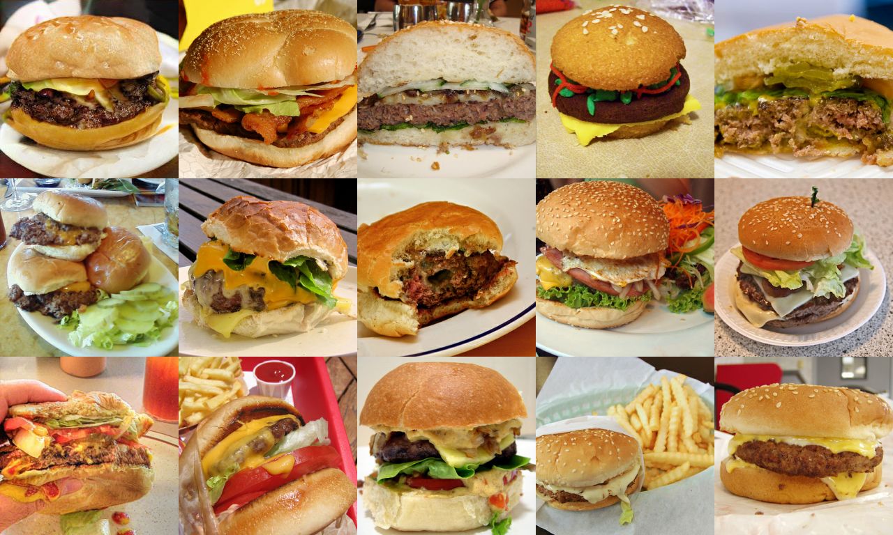 A grid of 15 images of hamburgers, with the generated image in the top left corner.