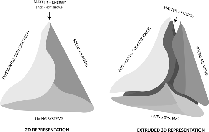 Two diagrams showing a tetrahedron representation of the Cybersemiotic Experience, one in 2D and one in 3D.