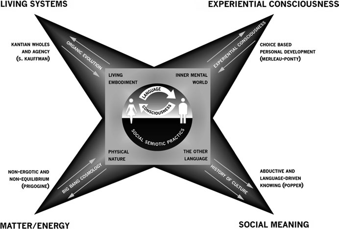 A star-shaped diagram titled "Søren Brier’s Cybersemiotic Star" with four poles: LIVING SYSTEMS, EXPERIENTIAL CONSCIOUSNESS, SOCIAL MEANING, and MATTER/ENERGY. The center contains a circle with the words "LANGUAGE" and "CONSCIOUSNESS" and "SOCIAL SEMIOTIC PRACTICES".