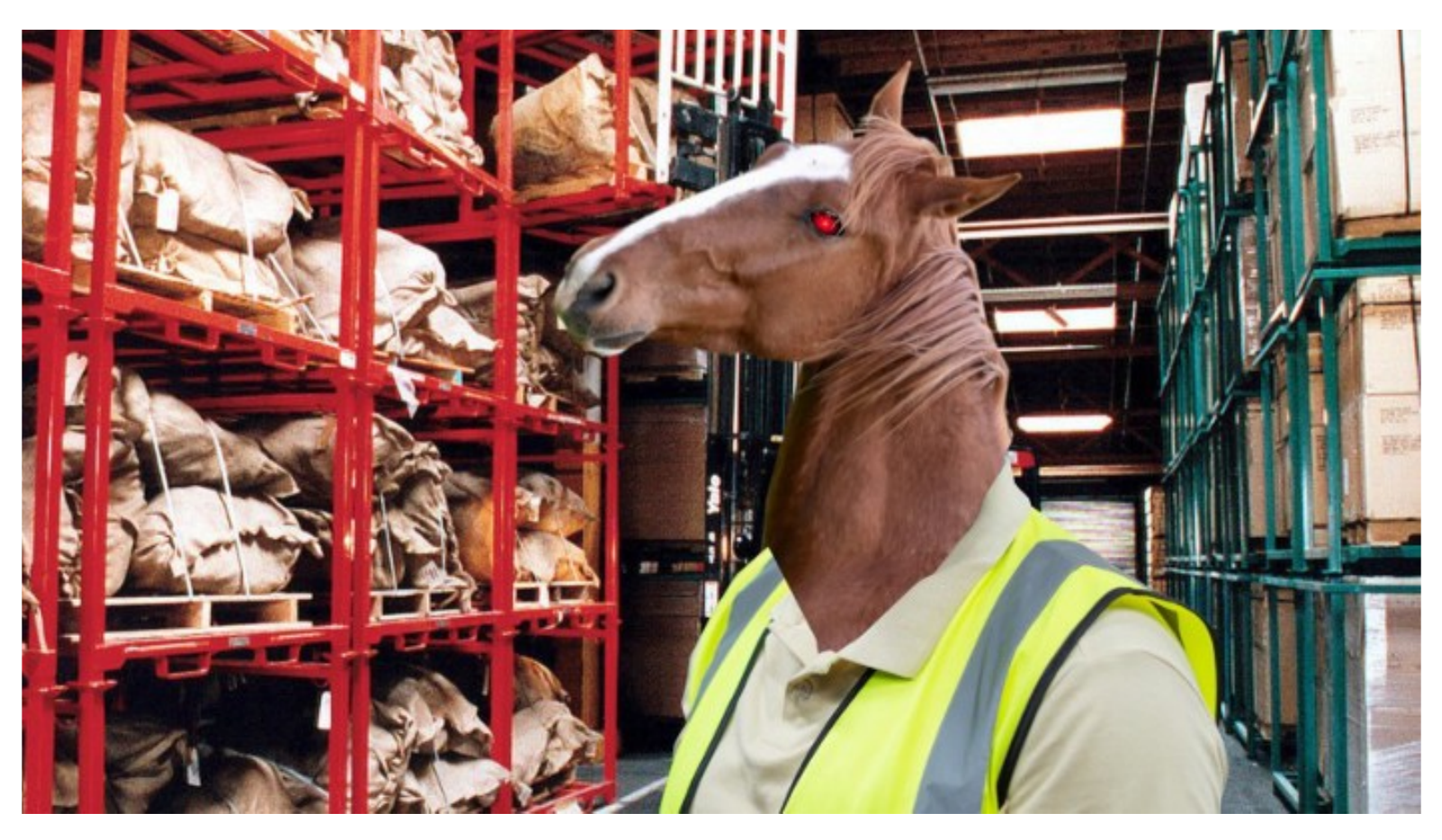A composite image of a horse's head on a human body wearing a high-visibility vest, standing in a warehouse.