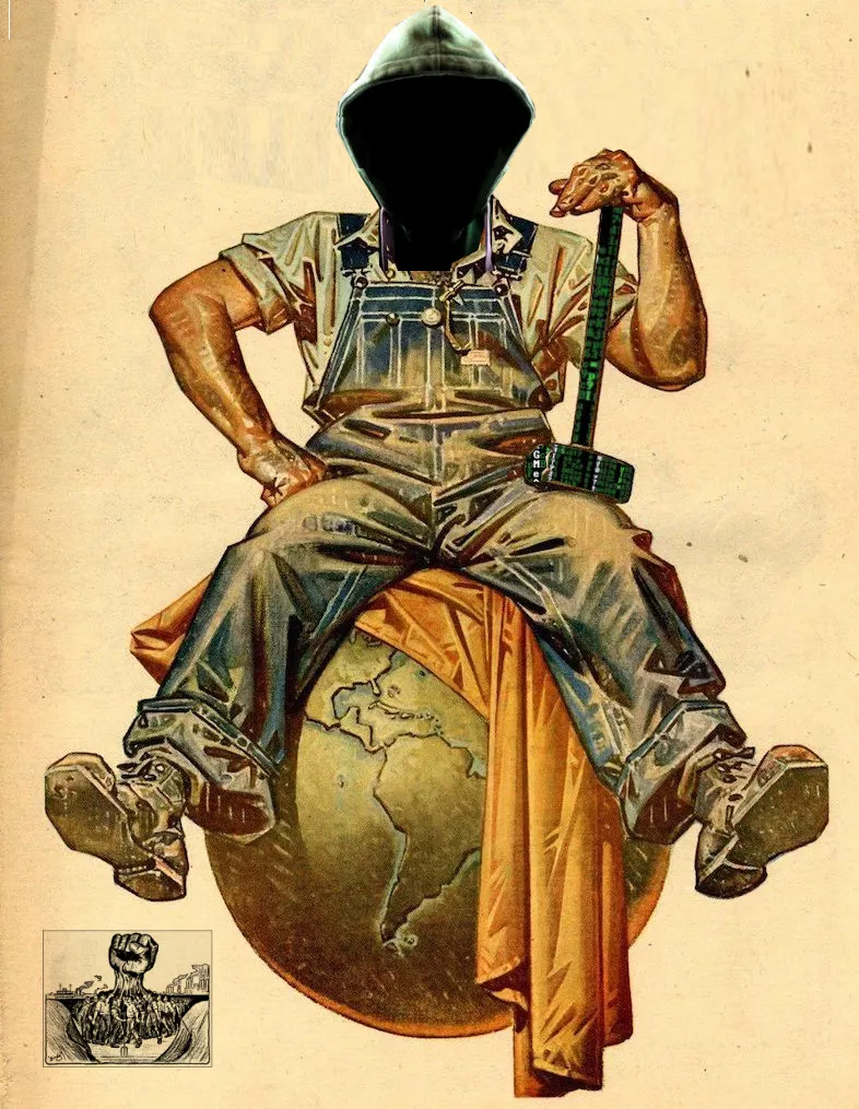 A vintage-style illustration of a person in overalls sitting on top of the world