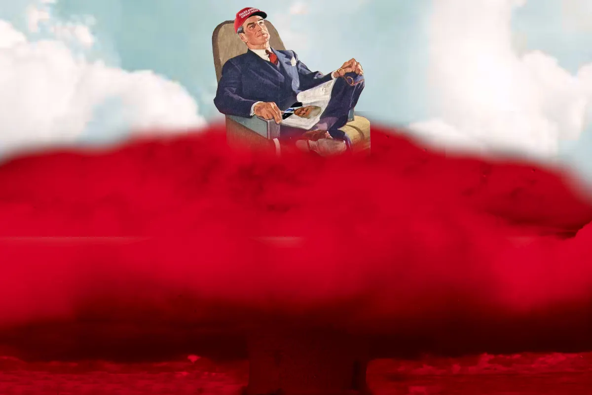 An illustration of a person in a suit sitting in a chair above a red cloud