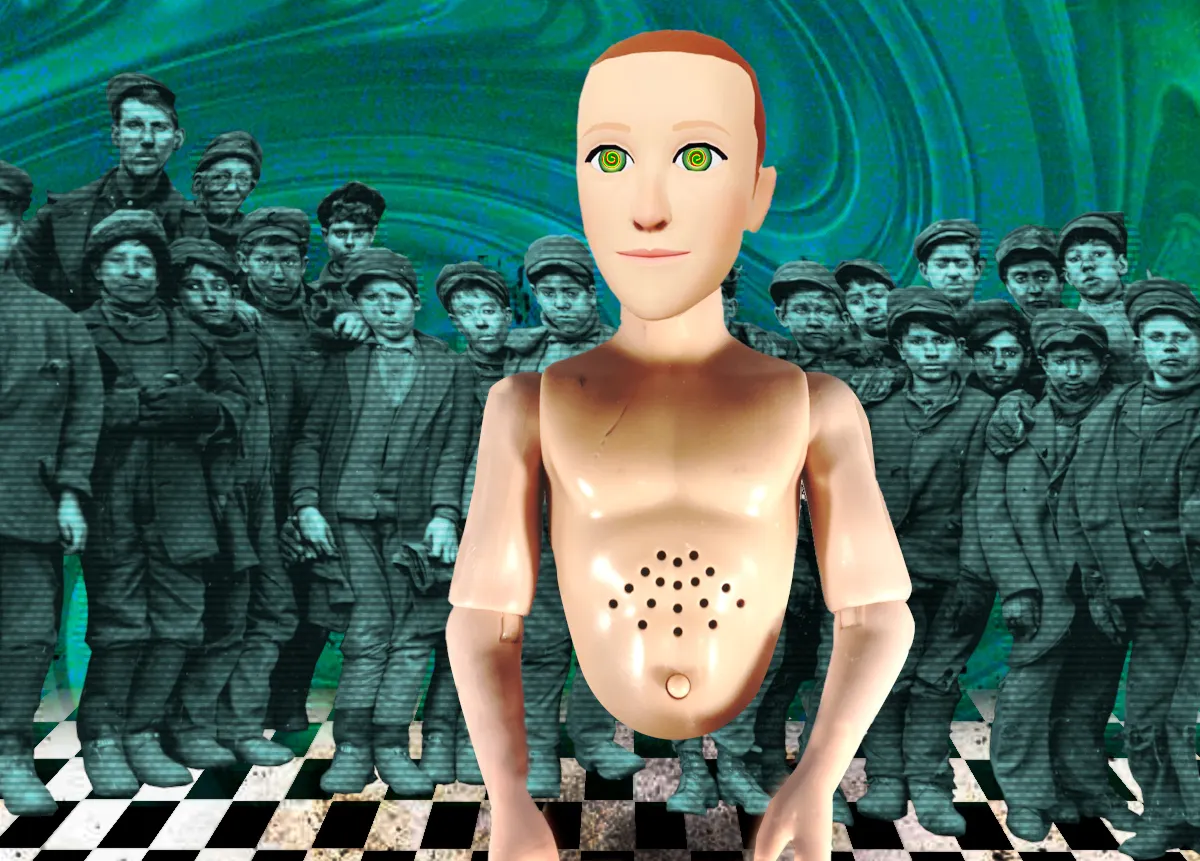 A digital avatar of Mark Zuckerberg superimposed over a crowd of people.
