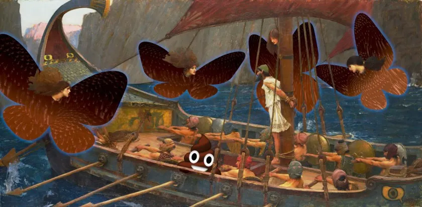 A surreal illustration of a boat with butterfly-winged figures on a sea.