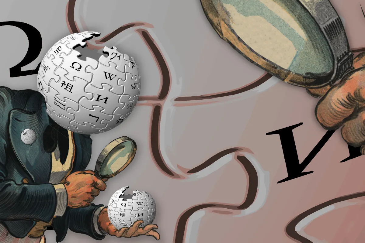 An illustration of a person holding a magnifying glass over a Wikipedia globe logo.
