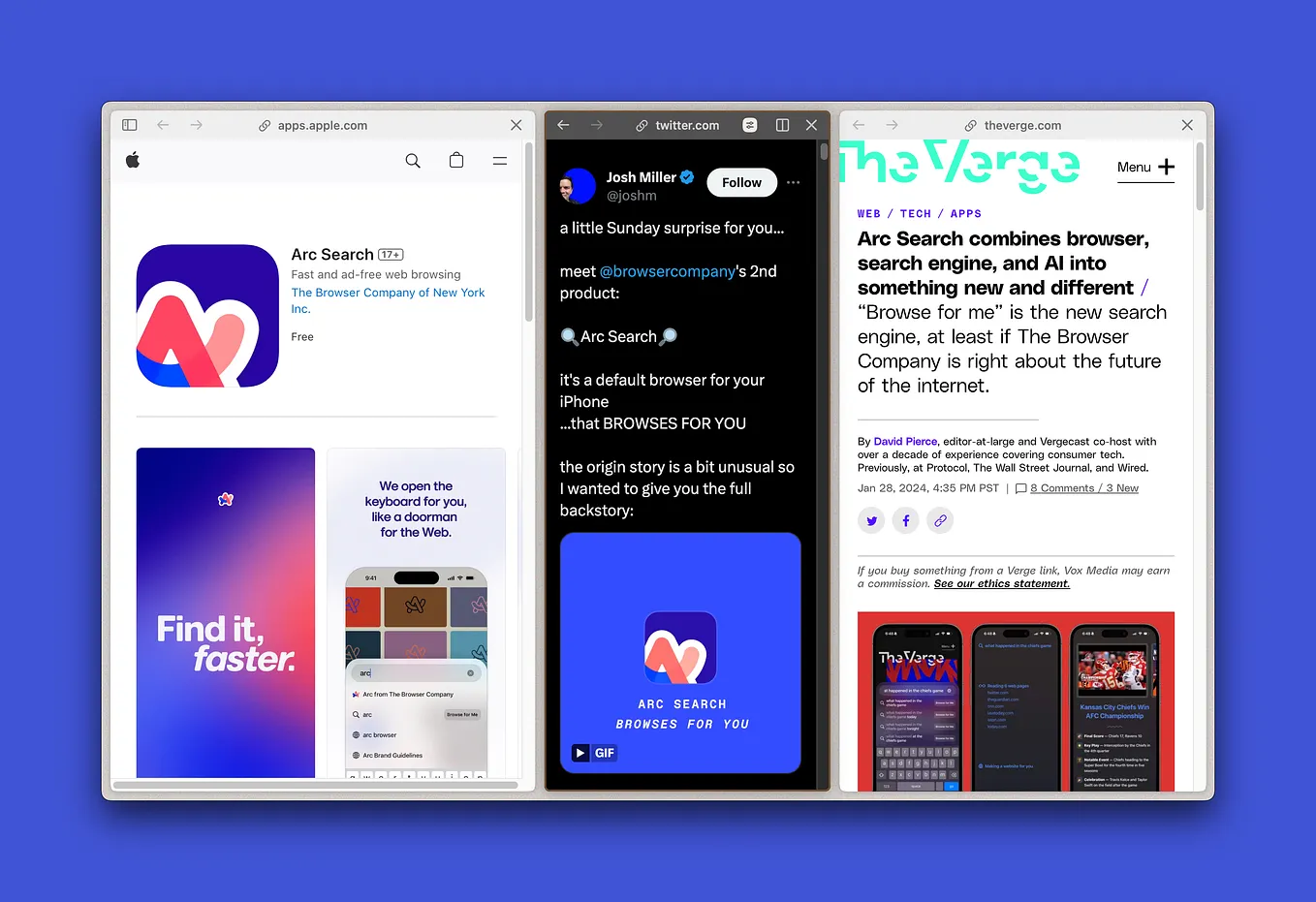 A collage of four screenshots showing the Arc browser interface on different devices.
