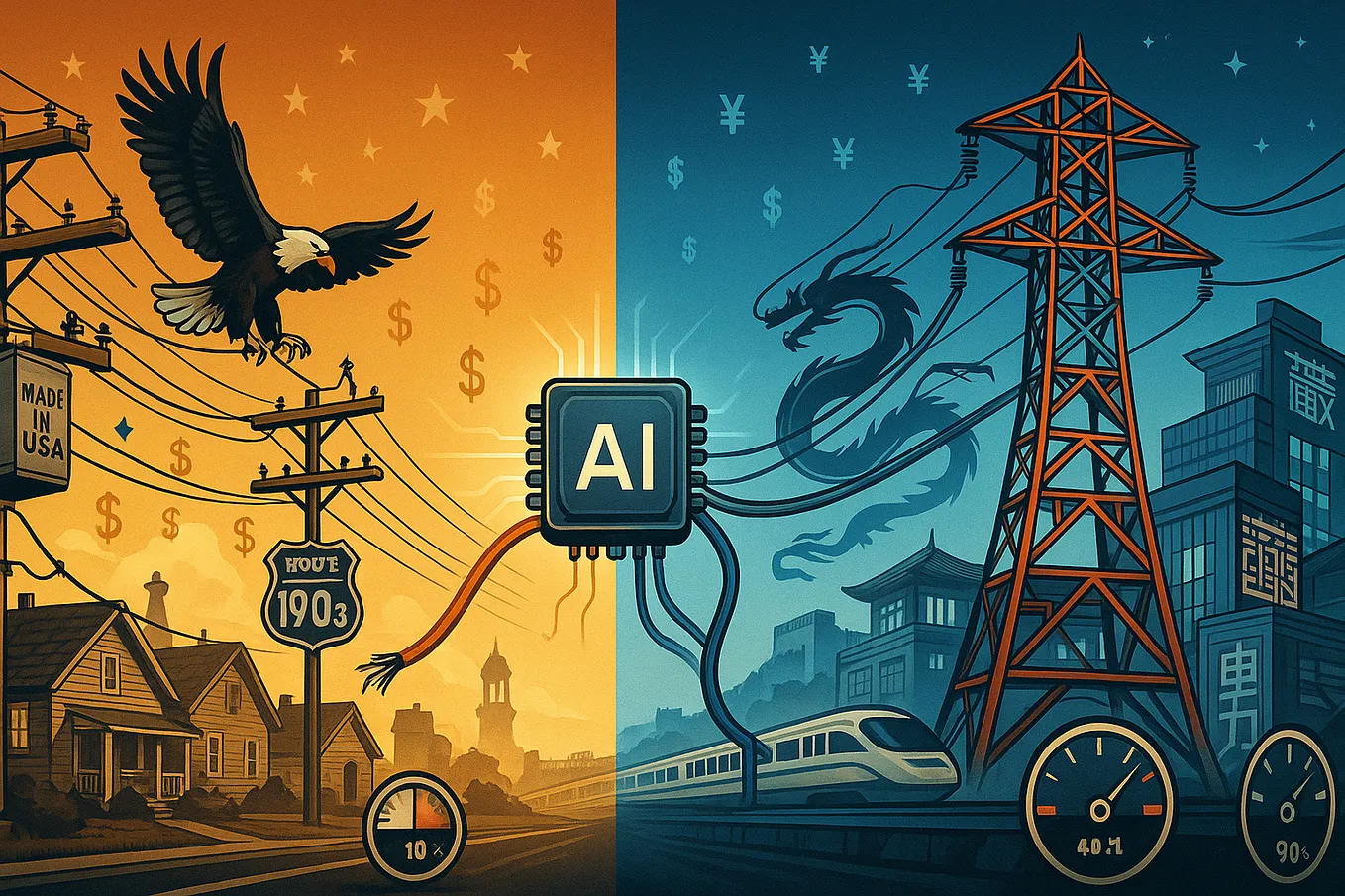 An illustration showing an American eagle perched on a power line next to a Chinese dragon, with a large "AI" box sitting on the power grid.