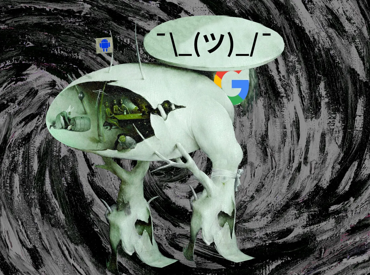 A surrealist painting of a creature with a hollow body containing people, with an Android logo, a Google logo, and a shrug emoticon in speech bubbles above it.