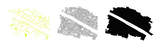 Three abstract geometric diagrams showing different spatial configurations