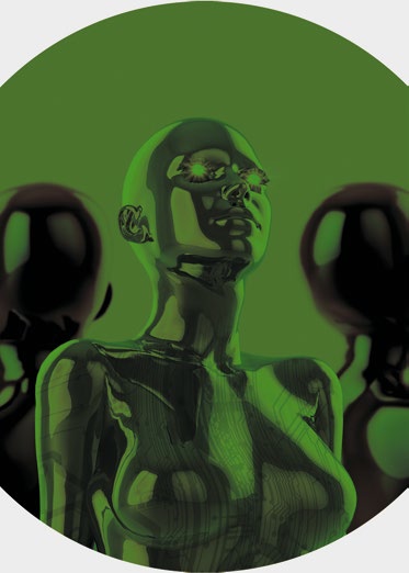 A stylized, green-tinted circular graphic featuring three metallic, humanoid figures with glowing eyes.