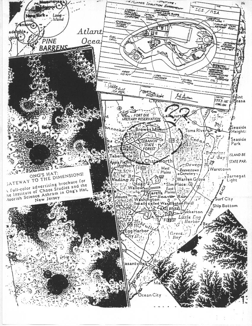 A collage featuring a map of the New Jersey Pine Barrens, a technical diagram of an isolation pod, and a space-themed graphic
