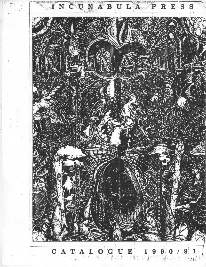 Intricate, surreal black and white illustration featuring a central egg-like shape, organic foliage, and the word "INCUNABULA" at the top.