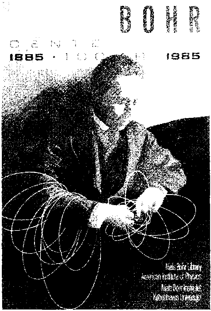 Niels Bohr centennial celebration poster depicting Bohr with electron orbitals