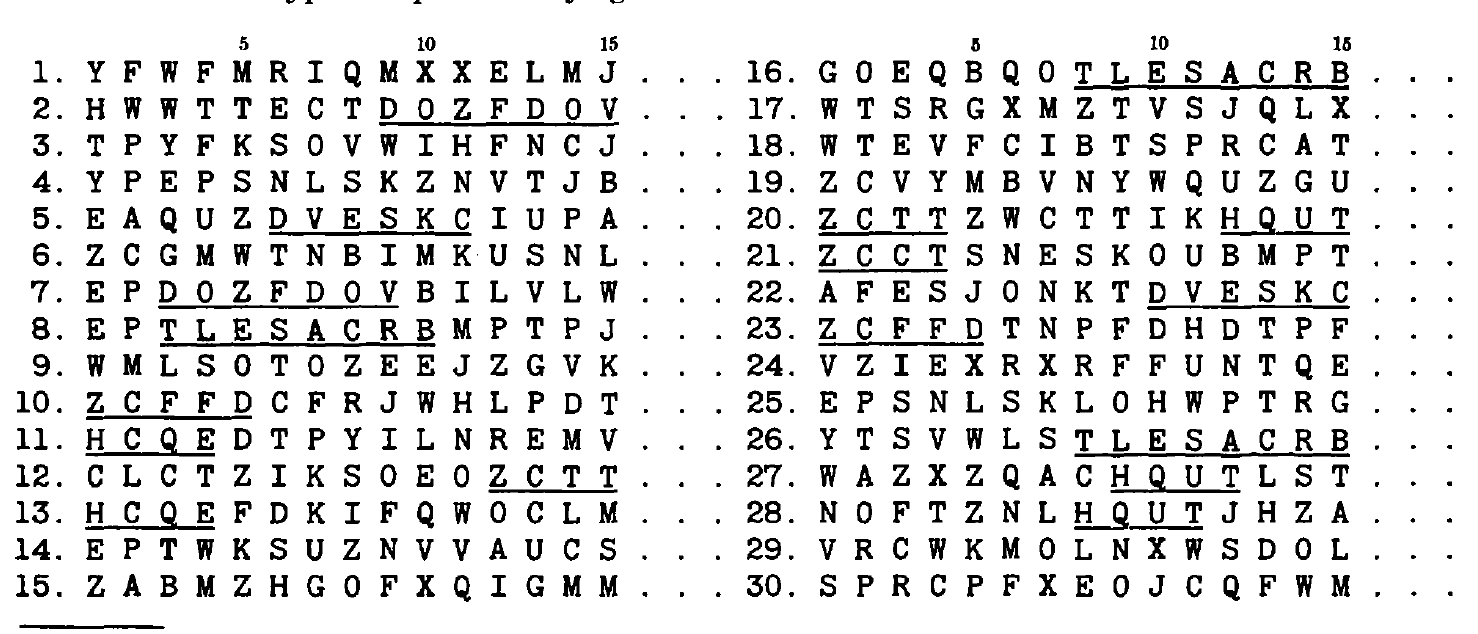 A table of 30 cryptogram beginnings, each 15 characters long, arranged in two columns of 15 rows each.