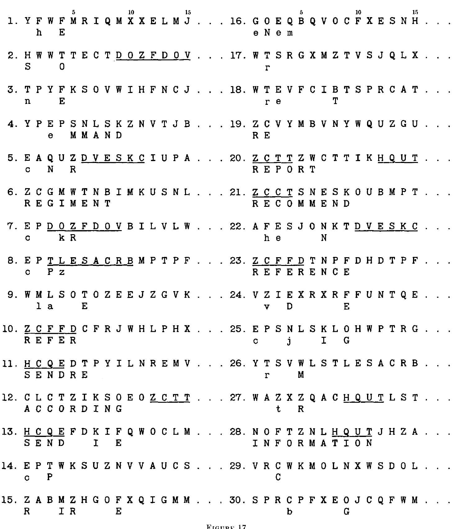 A worksheet showing 30 rows of cipher text with partial plain text recovered below certain characters