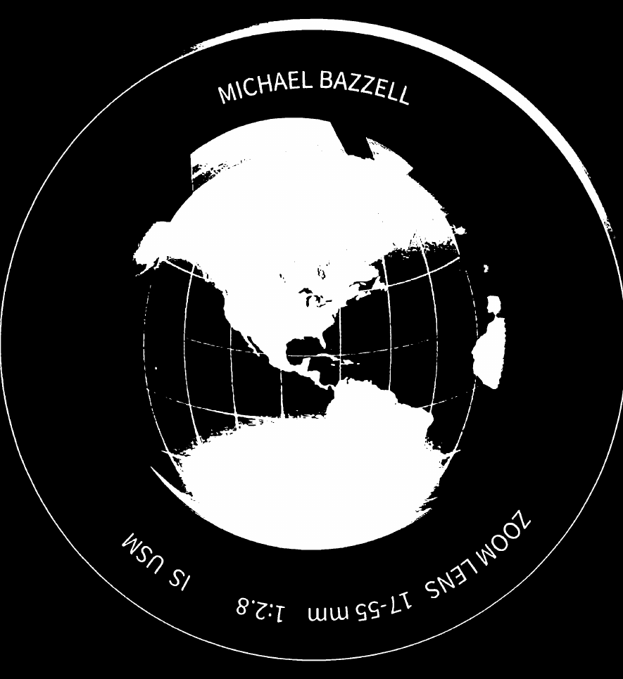 A circular graphic featuring a globe in the center, surrounded by text in a lens-like ring