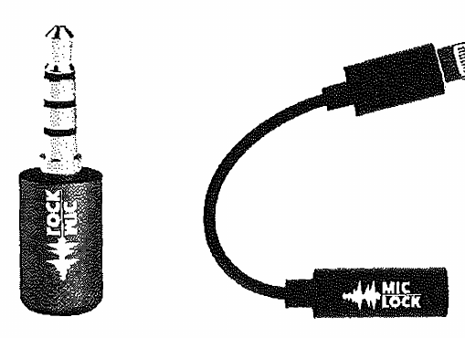 Two microphone blocking devices, one a small plug and one a Lightning adapter cable