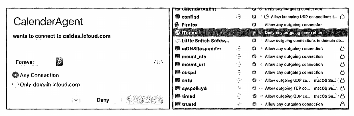 Little Snitch configuration windows showing application connection prompts and rule lists