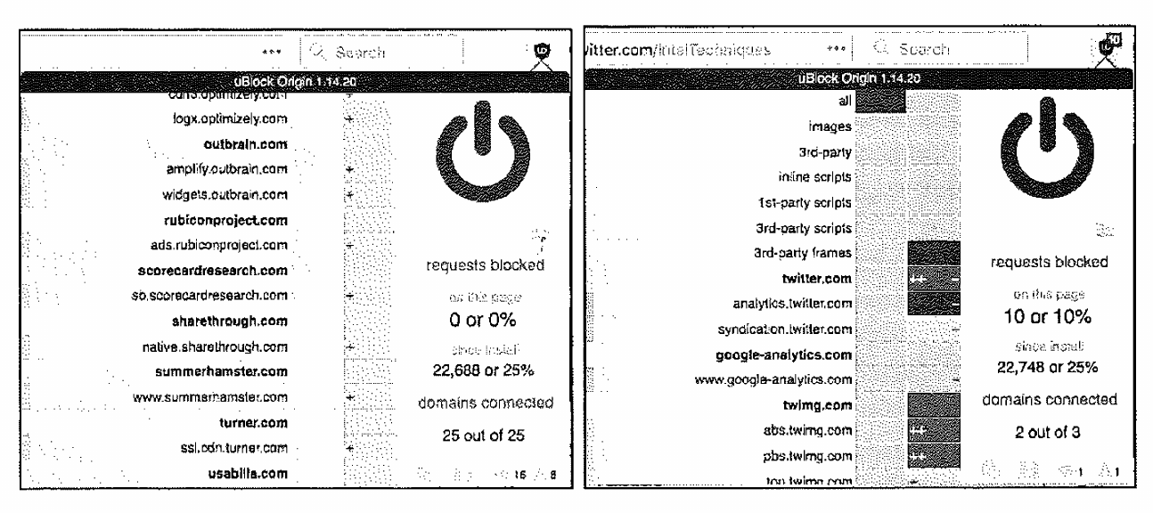 Two screenshots of the uBlock Origin browser extension interface showing blocked requests and connected domains.