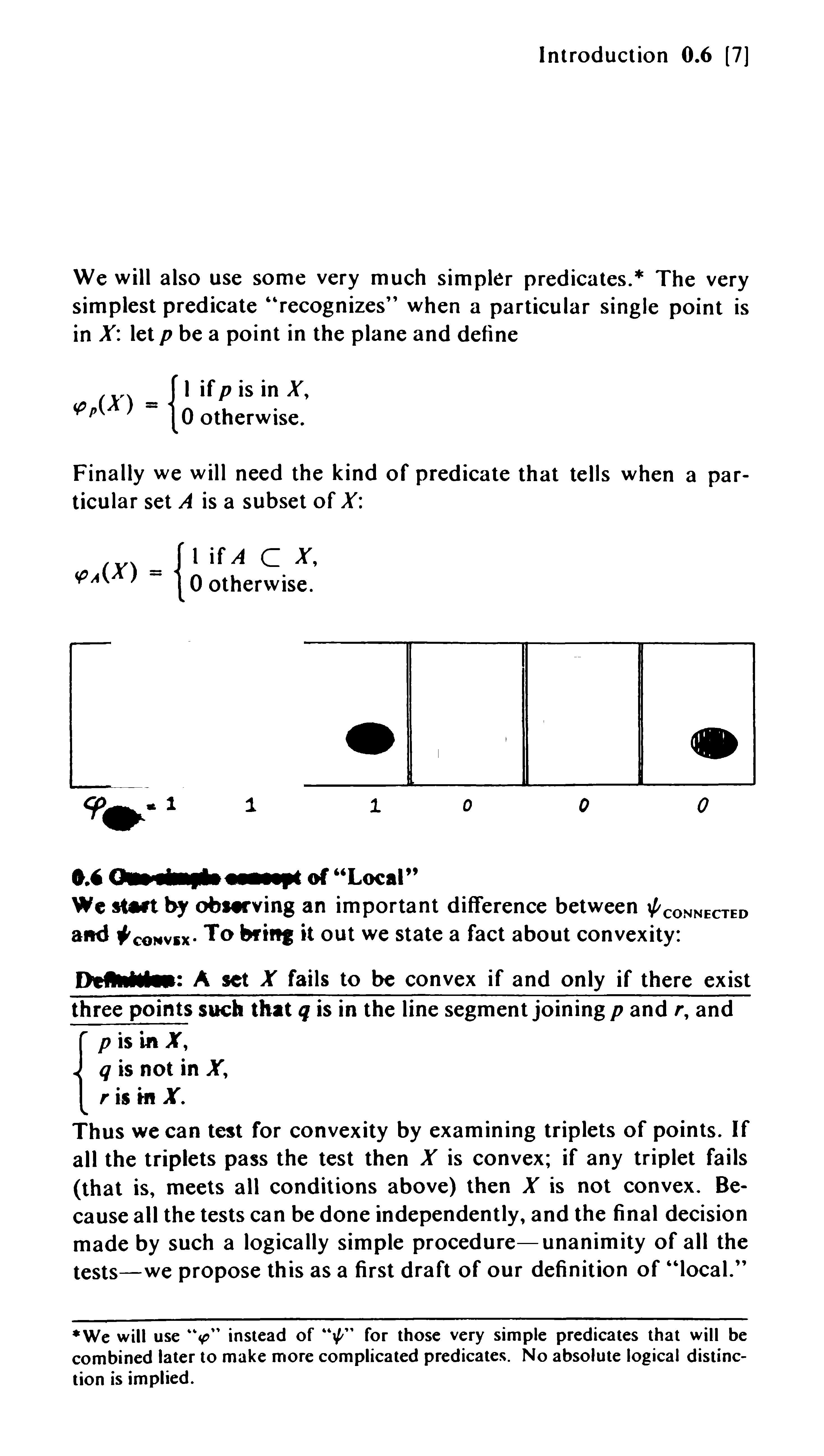 A series of six diagrams showing sets X and their corresponding predicate values.