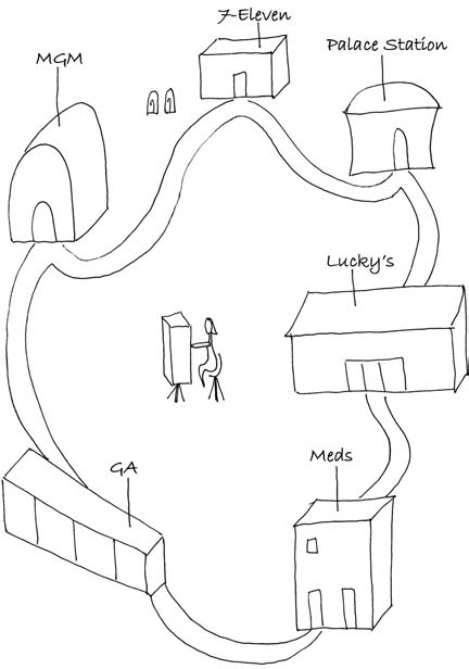 A hand-drawn map by Mollie showing a loop connecting various locations in Las Vegas, including the MGM, 7-Eleven, Palace Station, Lucky's, a medical clinic, and a strip mall, with a figure of a person seated at a slot machine in the center.
