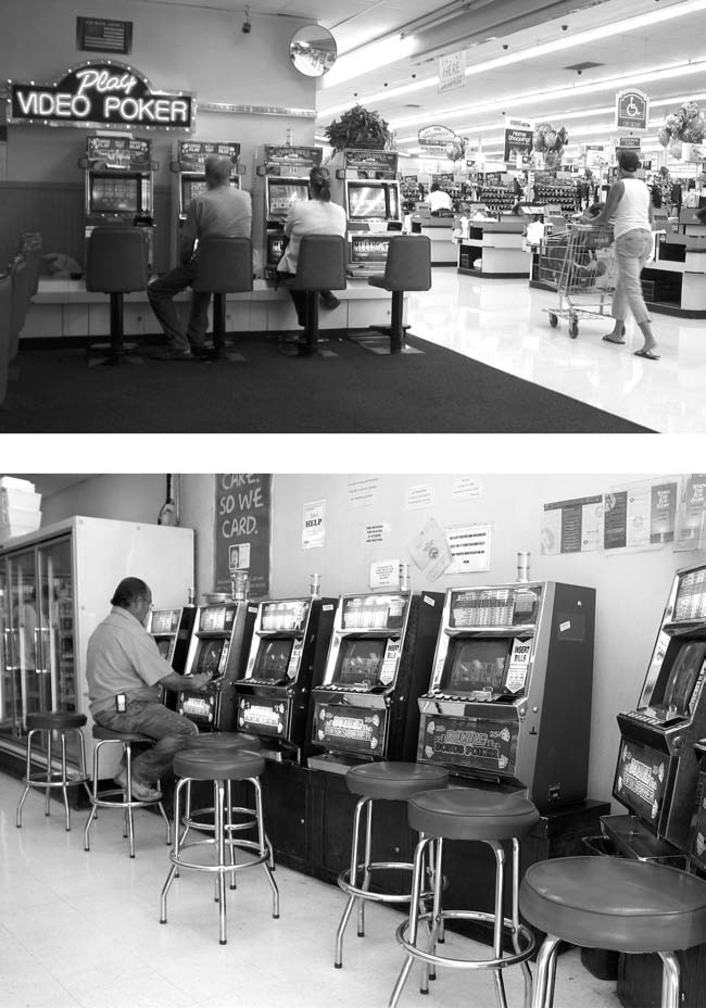 Two photographs showing video poker machines in convenience settings. Top: A row of machines in a supermarket. Bottom: A row of machines in a gas station.