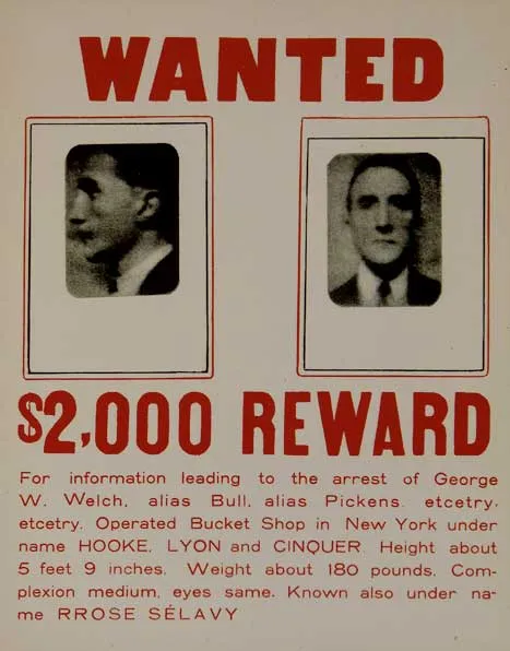 A wanted poster featuring two photographs of Marcel Duchamp, one in profile and one facing forward.