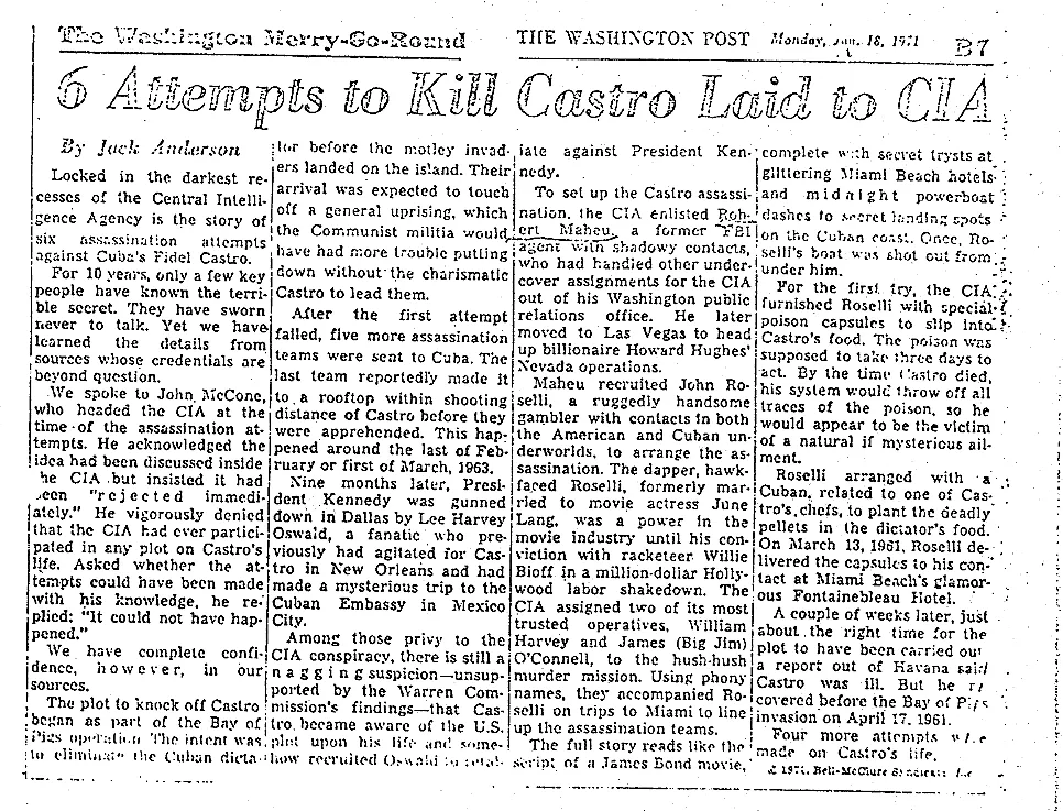 A newspaper clipping from The Washington Post titled "6 Attempts to Kill Castro Laid to CIA"