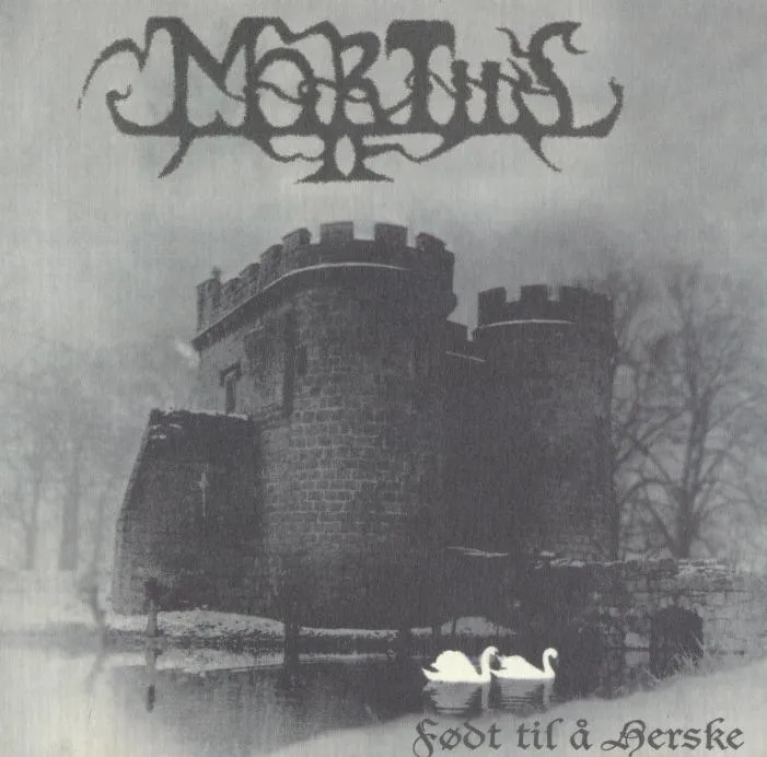 Album cover for Mortiis, Født til å herske, featuring a stone castle and two swans on a lake