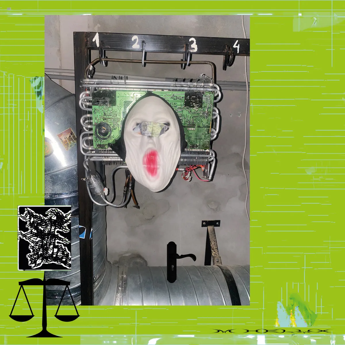 A white mask with red lips and a dollar bill over the eyes, mounted on a circuit board and metal cooling coils, hanging from a rack labeled 1, 2, 3, 4. A black and white abstract graphic and a scale icon are overlaid on the left.