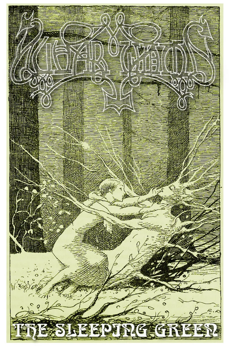 An illustration of a person embracing a tree-like figure, with a stylized metal band logo at the top