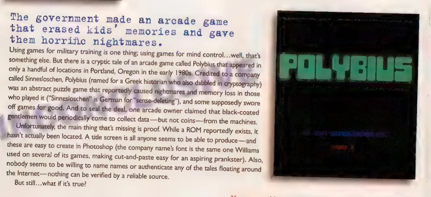 Polybius in GamePro magazine Issue 180 (September 2003) and a screenshot of Polybius from The Simpsons
