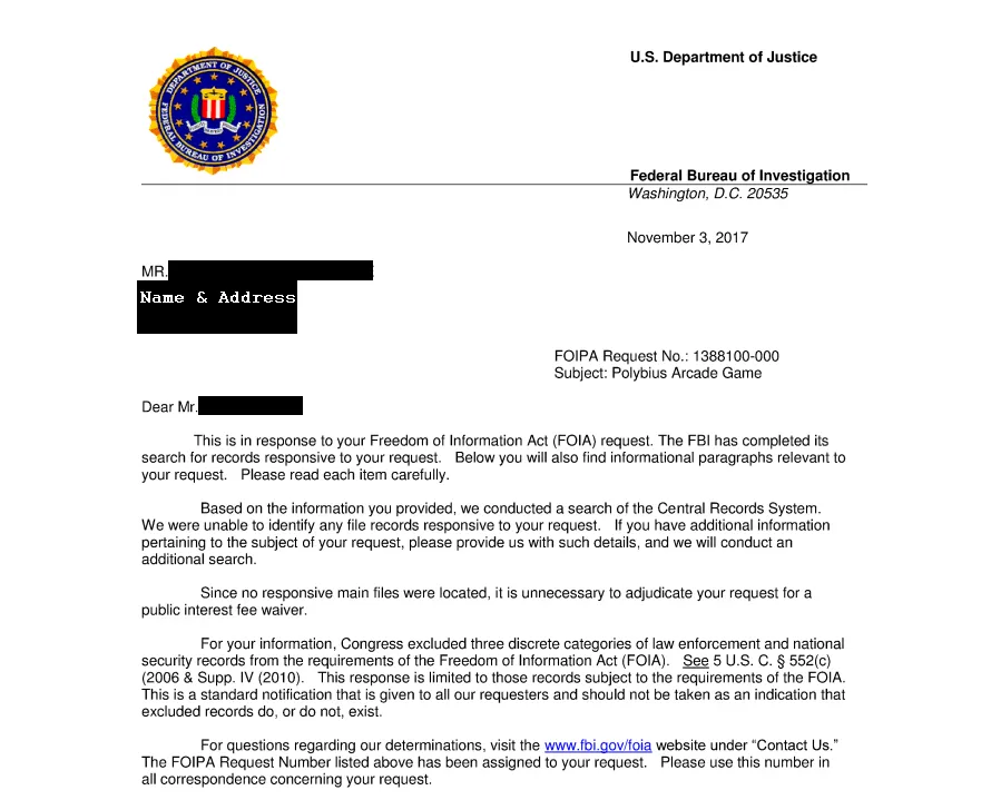 FBI FOIA response letter regarding the Polybius Arcade Game