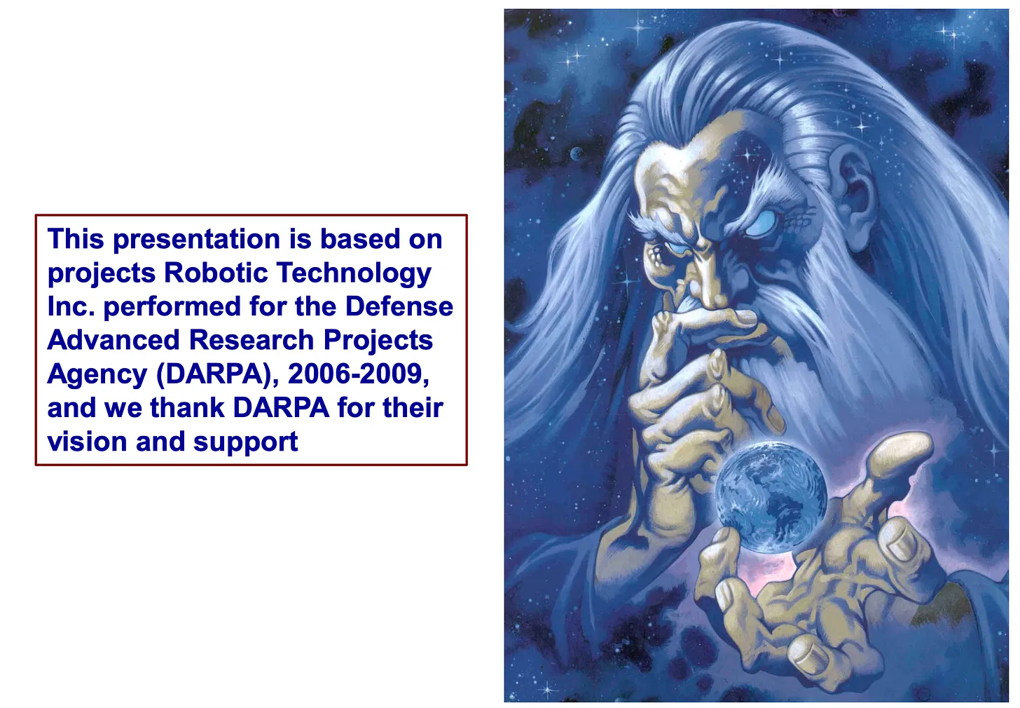 A text box containing a disclaimer and an illustration of a wizard-like figure holding a globe