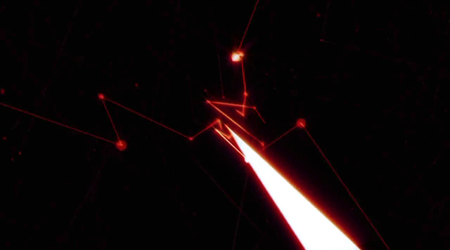 A digital visualization of network nodes and connections, with a bright white circular light source and a beam of light extending from it.