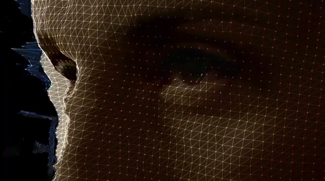 A digital wireframe representation of a human face, obscured by a white circle