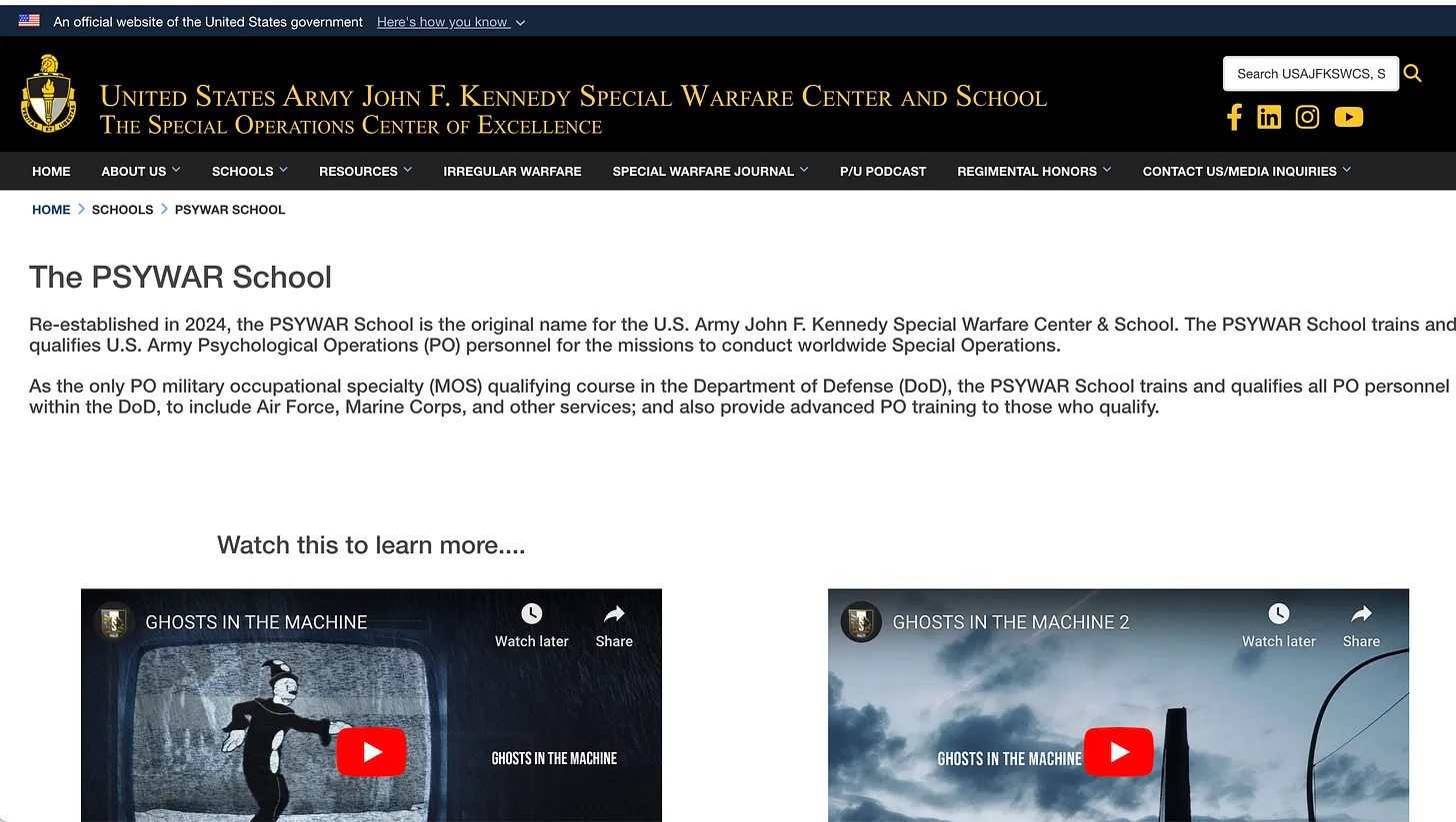 A screenshot of the United States Army John F. Kennedy Special Warfare Center and School website homepage
