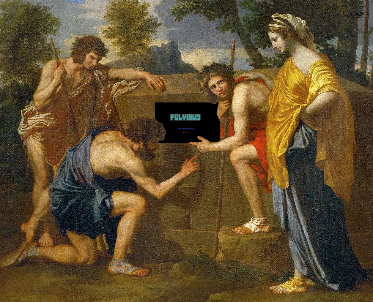 A painting by Nicolas Poussin titled Et in Arcadia Ego, with a digital Polybius arcade game screen superimposed over the tomb.