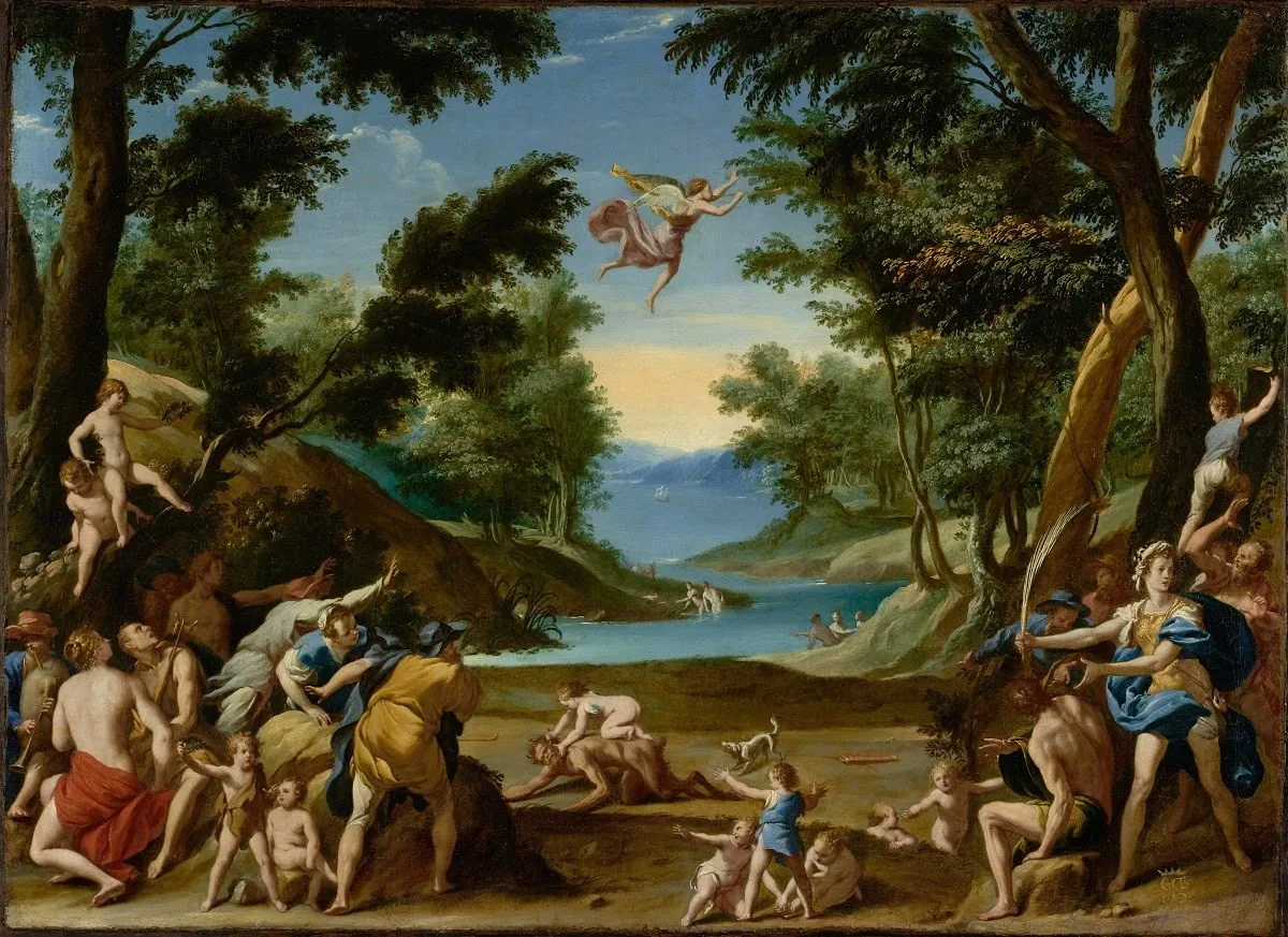 A painting depicting a mythological scene in a lush landscape with figures including Cupid and Pan.