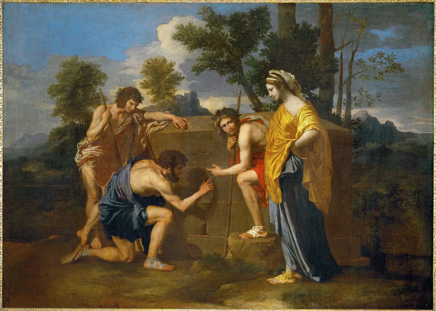 Painting by Nicolas Poussin titled Et in Arcadia Ego depicting shepherds around a tomb