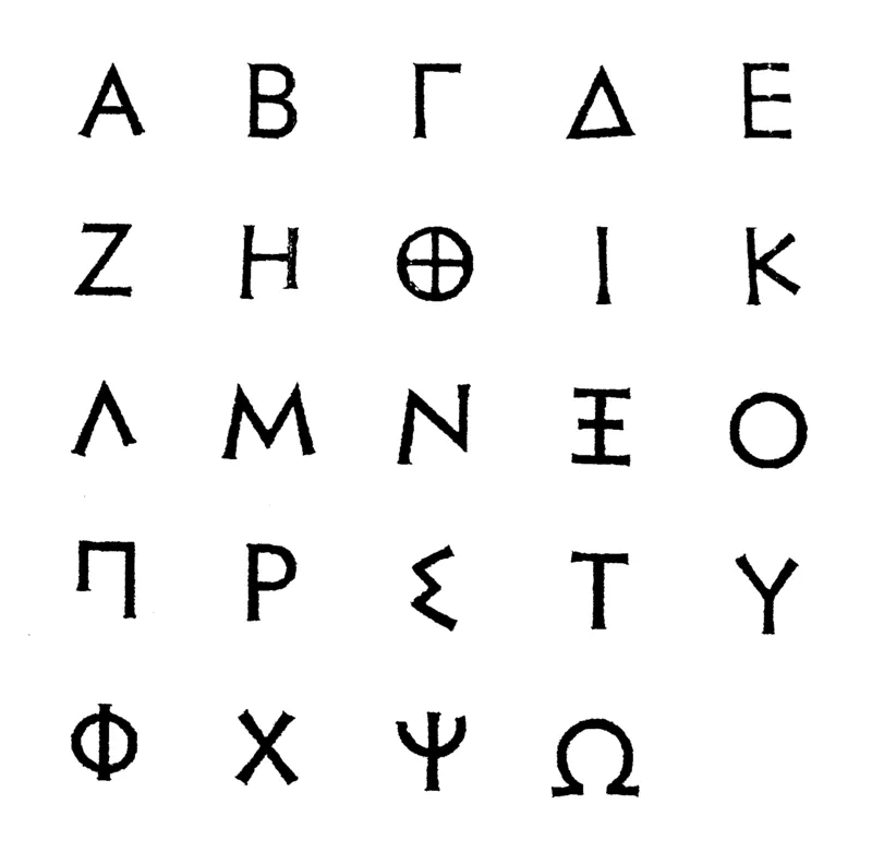 A 5x5 grid of Greek letters representing the Polybius square