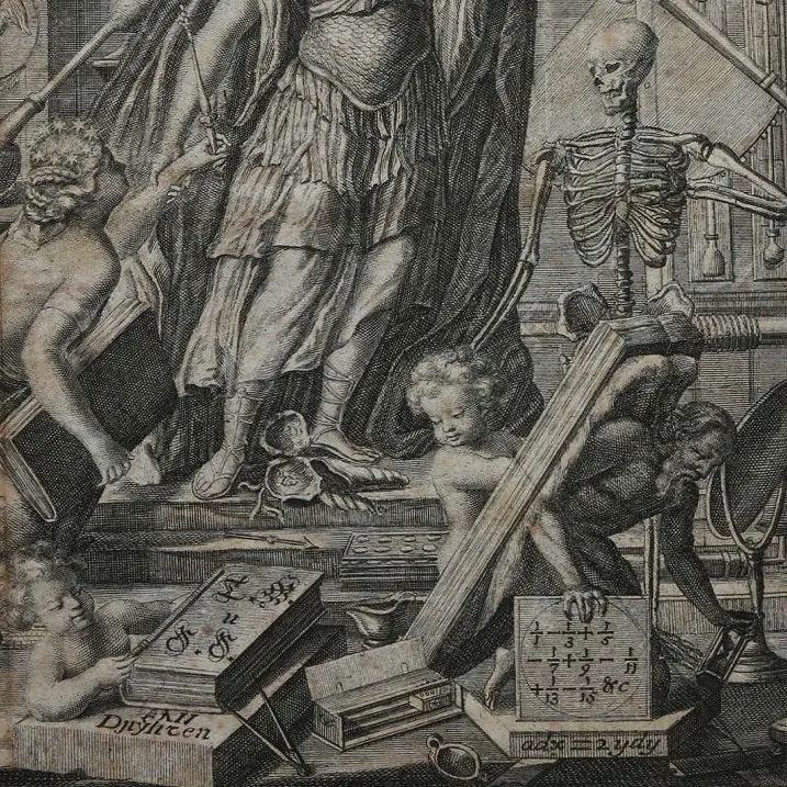 Engraving showing allegorical figures, a skeleton, and mathematical notations on books and tablets