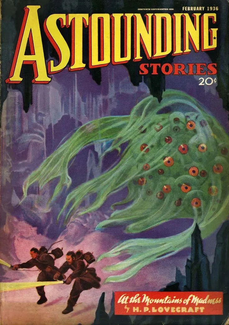 Cover of the February 1936 issue of Astounding Stories magazine, featuring a green, multi-eyed creature pursuing two figures in a dark, cavernous landscape.