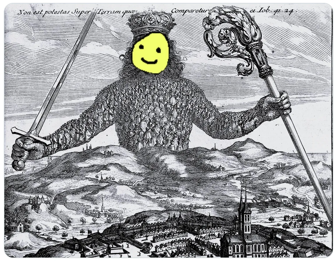 The Leviathan frontispiece with a yellow smiley face superimposed on the head of the figure