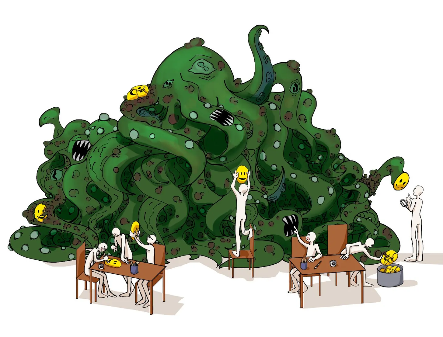 A large, green, tentacled Shoggoth monster being tended to by several faceless figures who are attaching yellow smiley faces to its tentacles.