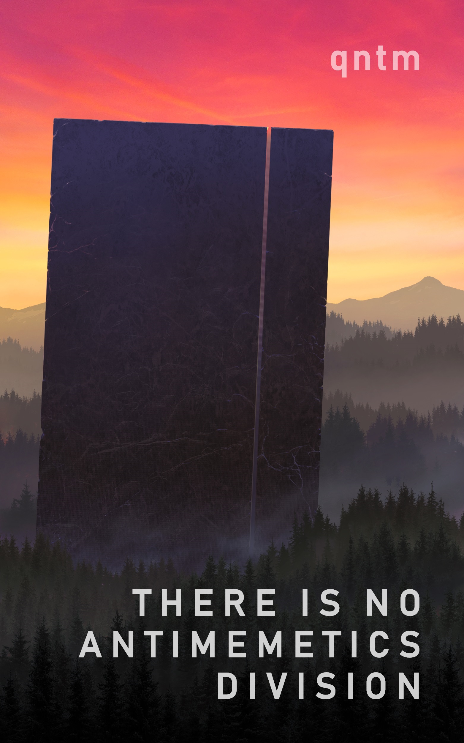 A large, dark, rectangular monolith standing in a forest at sunset.