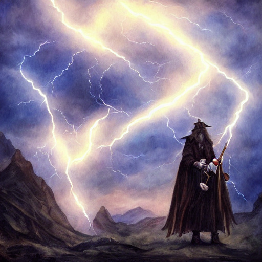 An epic painting of Gandalf the Black summoning thunder and lightning in the mountains.