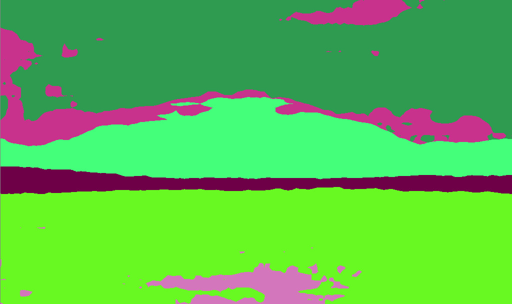 Semantic synthesis on Flickr-Landscapes showing a segmentation map, a ground truth image, and a generated sample