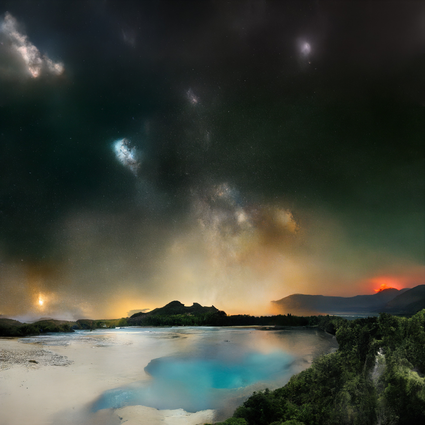 A landscape image generated by a LDM showing a lake, mountains, and a starry sky.
