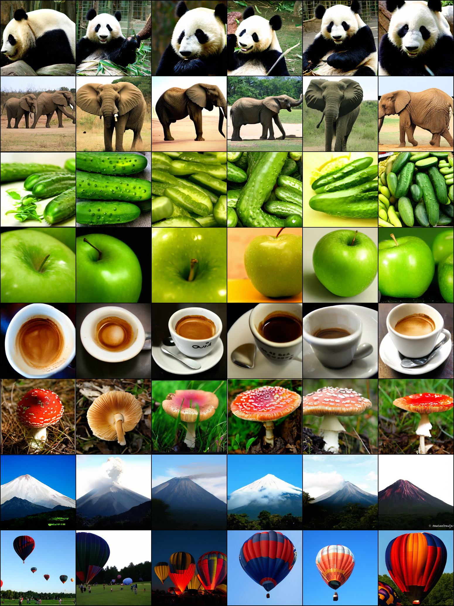 A grid of images showing random class conditional samples from the ImageNet dataset, including pandas, elephants, cucumbers, apples, espresso cups, mushrooms, volcanoes, and hot air balloons.